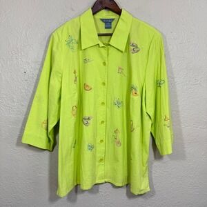 Vtg Koret Tunic‎ Top 22W Crepe Neon Lime Green Beach Tropical Art Novelty Cotton